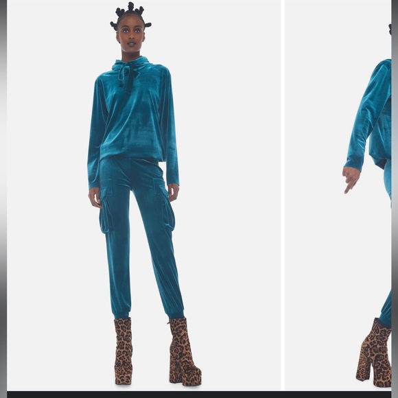 Norma Kamali size small bf hooded sweatshirt teal velvet - Picture 2 of 6